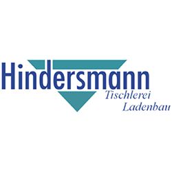 Logo von Hindersmann mit blauem Dreieck, Beschriftung "Tischlerei Ladenbau".