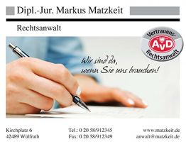 Visitenkarte eines Rechtsanwalts mit Kontaktdaten und dem Slogan "Wir sind da, wenn Sie uns brauchen".