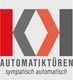 Logo mit stilisierten Türen in Grau und Rot, Text: "Automatiktüren - sympathisch automatisch".