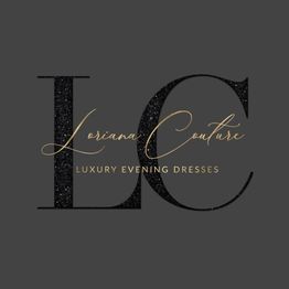 Logo met de tekst: "LC, Loriana Couture, Luxury Evening Dresses" op een donkere achtergrond.