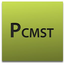 Grünes Quadrat mit schwarzem Text "PCMST" in der Mitte.