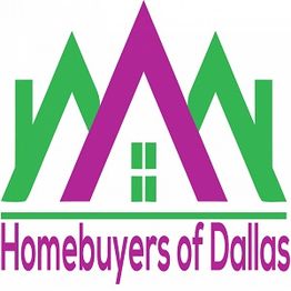 Logo of "Homebuyers of Dallas" with stylized purple and green houses.