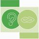 Ohr- und Mundsymbol in grünen Kreisen auf einem mehrfarbigen Hintergrund.