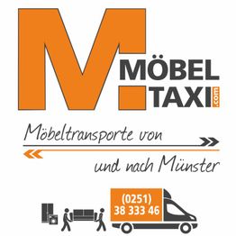 Logo von Möbeltaxi Münster mit Transporter-Symbol und Telefonnummer.