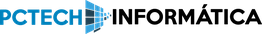 Logo de PCTECH con letras azules y un icono de ventana.