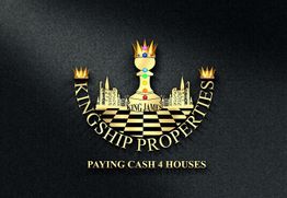 Kingship Properties logo: crowned chess piece, text "Paying Cash 4 Houses" on a checkered background.