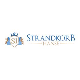 Logo mit Schrift "Strandkorb Hanse", Krone, Wappen und zwei Löwen links vom Text.