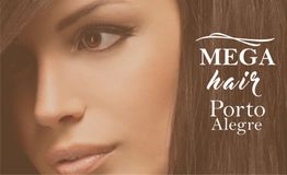 Mulher com cabelo longo, texto: "Mega Hair Porto Alegre".