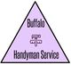 Purple triangle logo for Buffalo Handyman Service with a hammer and wrench icon.