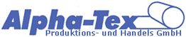 Logo von Alpha-Tex Produktions- und Handels GmbH, blauer Text mit stilisierter Stoffrolle.