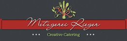 Logo der Metzgerei Rieger, Creative Catering mit Besteck-Design, auf rotem und schwarzem Hintergrund.