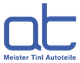 Logo von "Meister Tini Autoteile" mit blauen Buchstaben "at" auf grauem Hintergrund.
