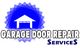 Garage door repair services logo with blue geometric design and garage icon.