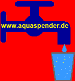 Blauer Wasserhahn mit fallendem Tropfen in ein Glas auf rotem Hintergrund, Webseite angegeben.