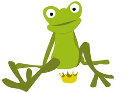 Grüner Frosch sitzt lächelnd mit einer gelben Krone darunter auf weißem Hintergrund.