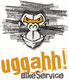 Comic-Stil Maskottchen mit Text "uggahh! BikeService". Hintergrund mit schwarzen Kratzlinien.