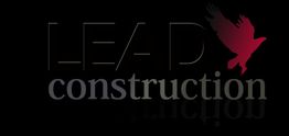 Schwarzes Logo mit "LEAD construction" und roter Vogel-Silhouette.