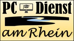 PC Dienst am Rhein Logo mit Monitor, Flussbild und gelbem Hintergrund.