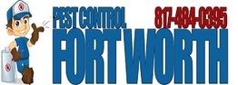 Cartoon pest control worker beside "Pest Control Fort Worth" and phone number 817-484-0395.