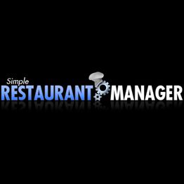 Logo mit Schriftzug "Simple Restaurant Manager" auf schwarzem Hintergrund, mit Zahnrad und Kochmütze.