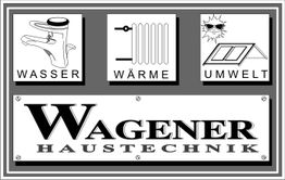 "Wagener Haustechnik-Logo: Wasserhahn, Heizkörper, Sonne mit Solarpanel, Schriftzug darunter."