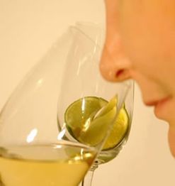 Person riecht an einem Glas Weißwein mit Limettenscheibe.