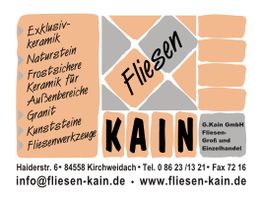 Visitenkarte für Fliesen KAIN mit Keramik, Naturstein, und Kontaktinformationen.