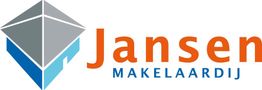 Logo met grijze kubus en tekst: "Jansen Makelaardij" in oranje en blauw.