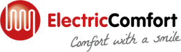 Logo van Electric met tekst "Comfort with a smile". Rood en wit kleurenschema.
