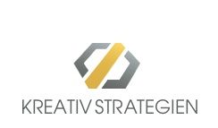 Logo mit grauem Hexagon und gelbem Streifen, darunter Text "Kreativ Strategien".