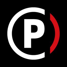 Schwarz-weiß-rotes Logo mit dem Buchstaben "P" in der Mitte.