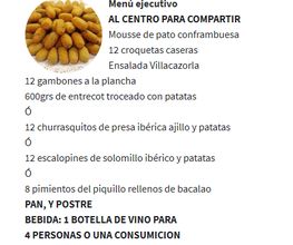 Menú ejecutivo con opciones de carne, pescado y croquetas, incluye postre y bebida para compartir.