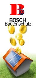 Haus mit Solardach, Goldmünzen, Bosch-Logo; Text: "BOSCH Bautenschutz".