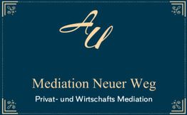 Logo mit Text: "Mediation Neuer Weg – Privat- und Wirtschaftsmediation" auf blauem Hintergrund.