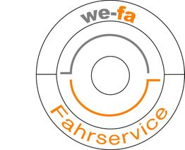Logo mit Schriftzug "we-fa Fahrservice" und grafischen Elementen in Grau und Orange.