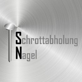 Logo mit Nagel und Text: "Schrottabholung Nagel" auf metallischem Hintergrund.