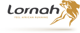 Logo van Lornah met de tekst "Feel African Running" en een gestileerde hardloper in goud.