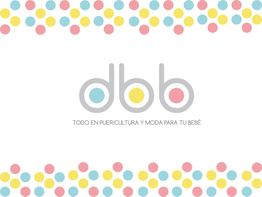 Logo de dbb con texto "Todo en puericultura y moda para tu bebé" y fondo de puntos coloridos.