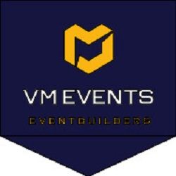 Logo met gele 'M', tekst: "VM EVENTS EVENTBUILDERS", donkerblauwe achtergrond.