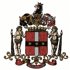 Wappen mit Löwe, Schild, zwei Figuren und goldenen Verzierungen.