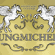 Goldenes Logo mit zwei geflügelten Pferden und dem Schriftzug "Jungmichels".