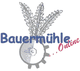 Schriftzug "Bauermühle Online" mit Zahnräder und Getreideähren als Hintergrund.
