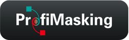Schwarzes Logo mit weißem Text "ProfiMasking" und bunten Grafik-Elementen.