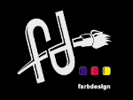 Logo mit Pinsel, Buchstaben "fd" und Farbfeldern in Lila, Rot und Gelb. Text: "farbdesign".