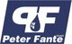 "Logo: PF mit Tropfen, Text: Peter Fante GmbH, in Weiß auf blauem Hintergrund."