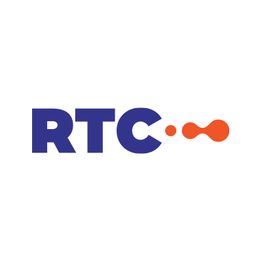 Blue "RTC" text with an orange abstract shape on a white background.