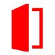 Logo rosso stilizzato con forma di porta aperta e parentesi quadra.