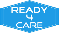 Blaues Sechseck mit weißem Text "READY 4 CARE" in der Mitte.