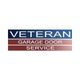 Logo for Veteran Garage Door Service with blue and red stripes and white text.
