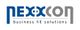 Logo mit Schriftzug "nexocon" und Slogan "business RE solutions" in Blau und Grau.